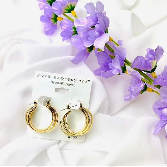 🌹PURE EXPRESSIONS HYPO ALLERGENIC gold plated three layer hoop earring - Picture 2 of 7